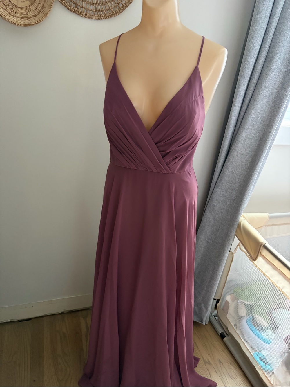 David's Bridal Mauve Strapless V-Neck Spaghetti Strap Gown